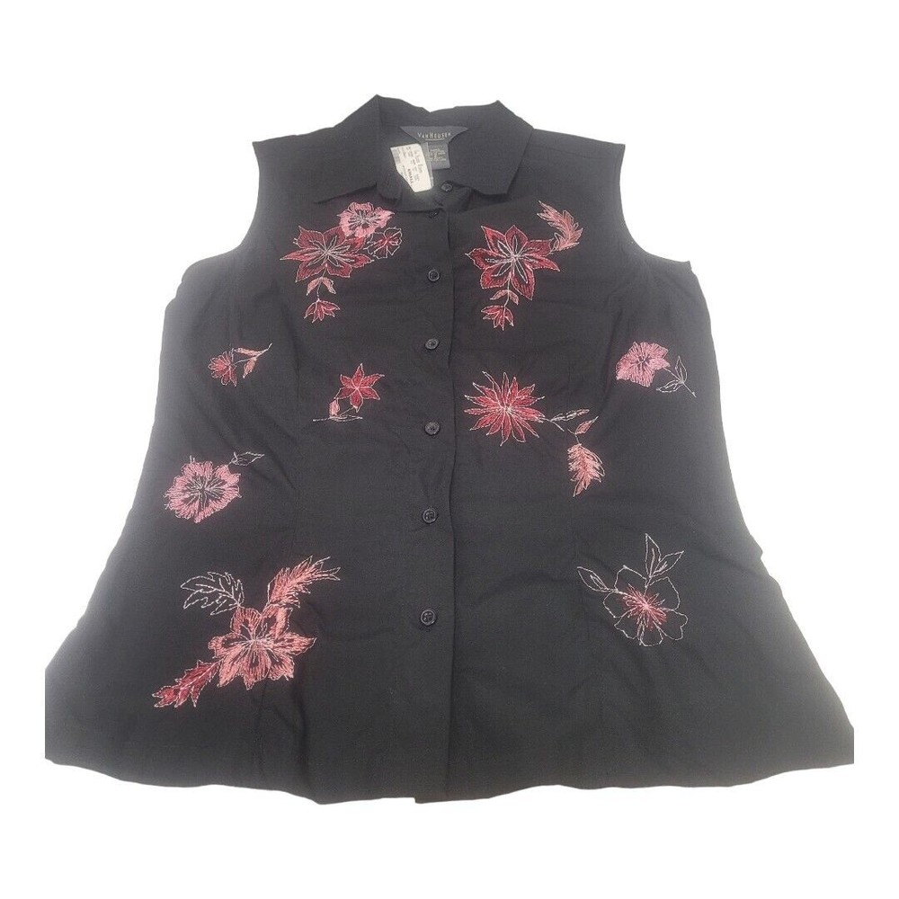 Van Heusen Women's Medium M Button Up Shirt Sleeveless shirt Blue Floral